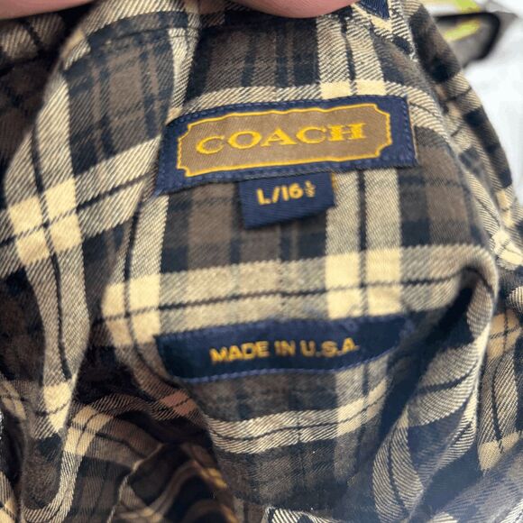 Coach 2-Ply Fine Cotton Twill Oxford Tan Black Plaid Button Shirt Mens Large USA - Picture 4 of 5